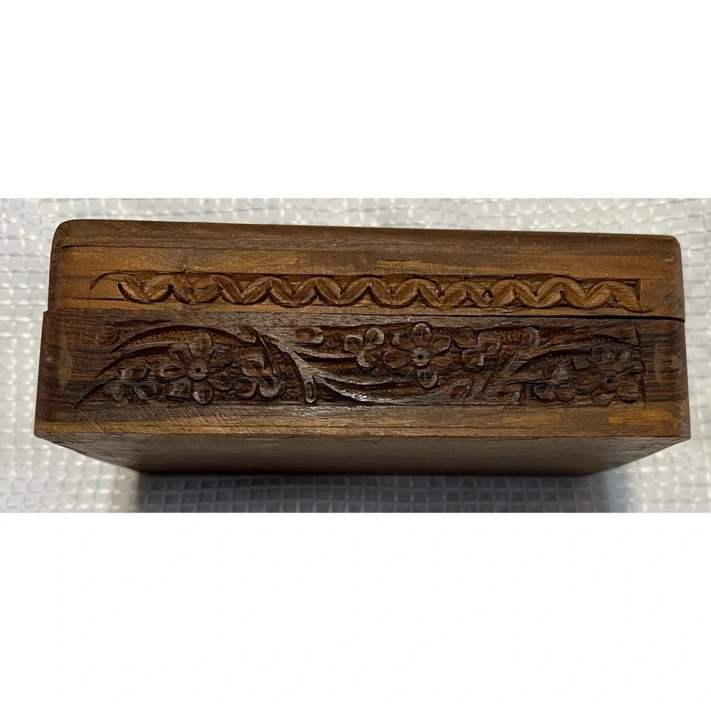Vintage Hand Carved Wooden Rectangular Decorative‎ Box Owl Floral Pattern, Small
